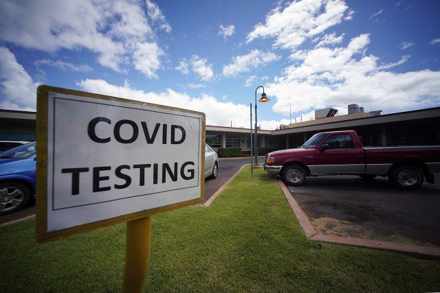 A sign advertises Covid-19 testing at Molokai General Hospital