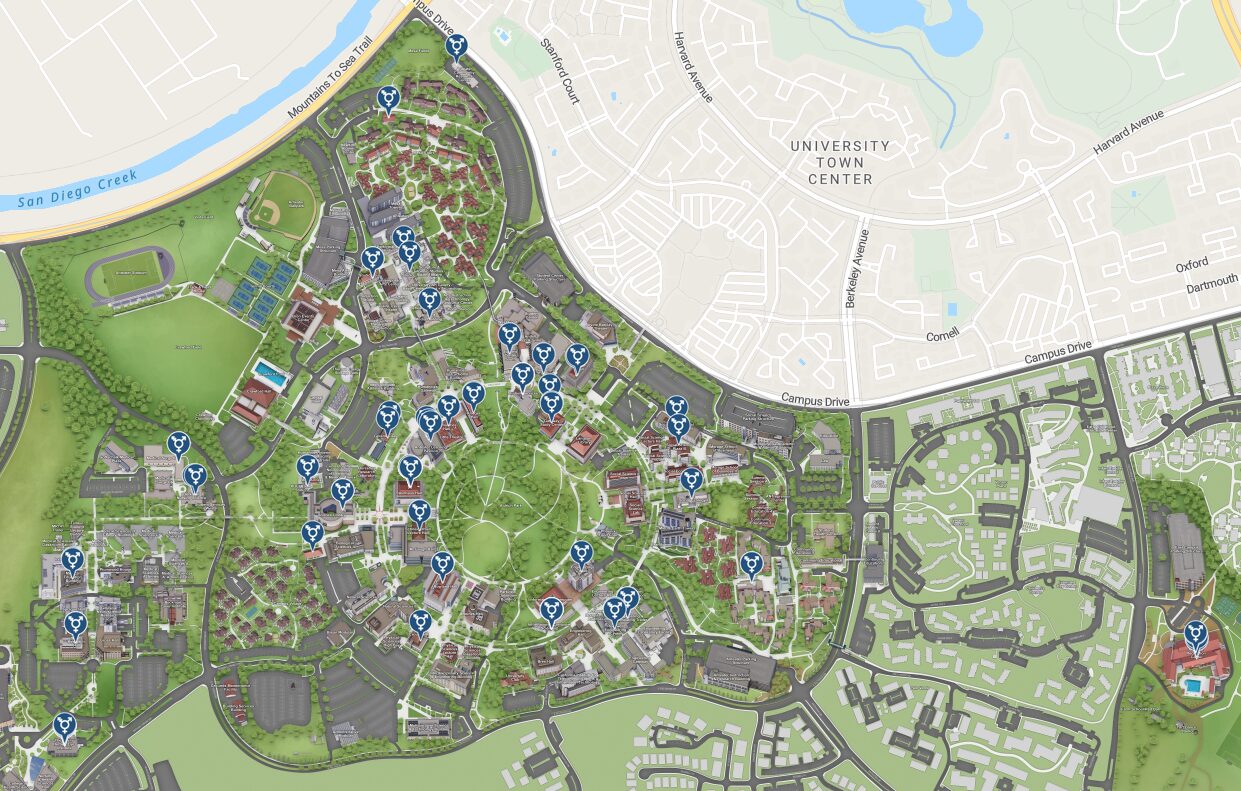 Campus Map with locations of gender-inclusive facilities locations